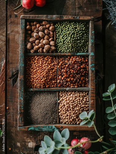 many browns, nuts, lentils, and seeds on top of wooden tray, in the style of dark pink and light green, japanese inspiration, rectangular fields, sabattier effect photo