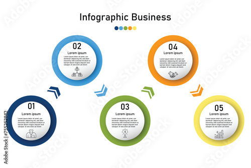 Infographic template for business information presentation. Vector circle and icon elements. Modern workflow diagrams. Report plan 5  topics