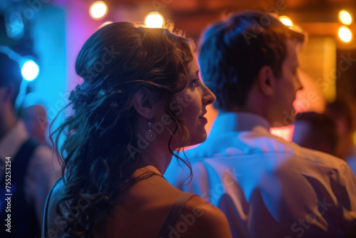 A young woman enjoys a dance, illuminated by warm, ambient lights of a festive evening.