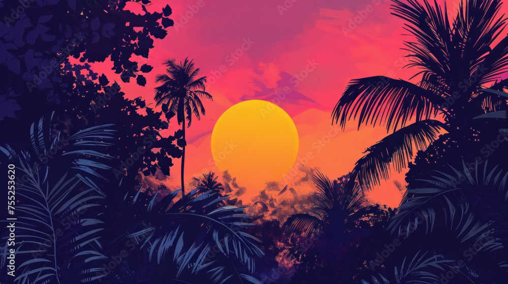 A tropical sunset with silhouetted palms, a gradient of pink to purple sky, and a tranquil sun descending.