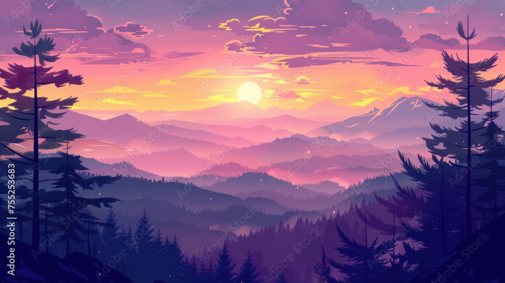 A serene sunset over layered mountains, with silhouetted pines under a vibrant sky.