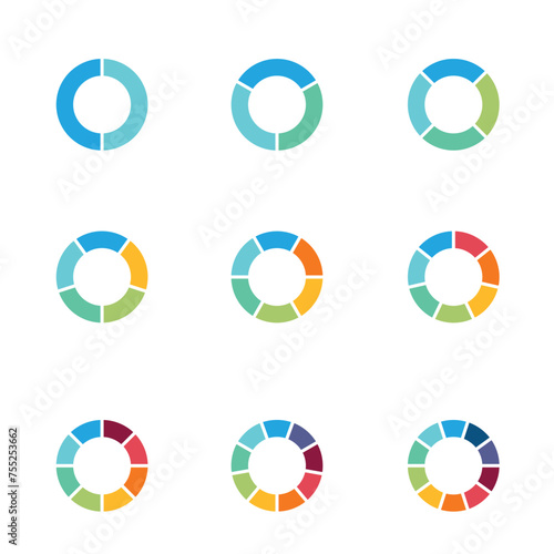 Set of pie charts. Financial analysis data 2,3,4,5,6,7,8,9,10 sections elements for business presentation, Vector Illustration