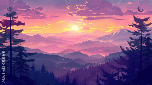 A serene sunset over layered mountains  with silhouetted pines under a vibrant sky.