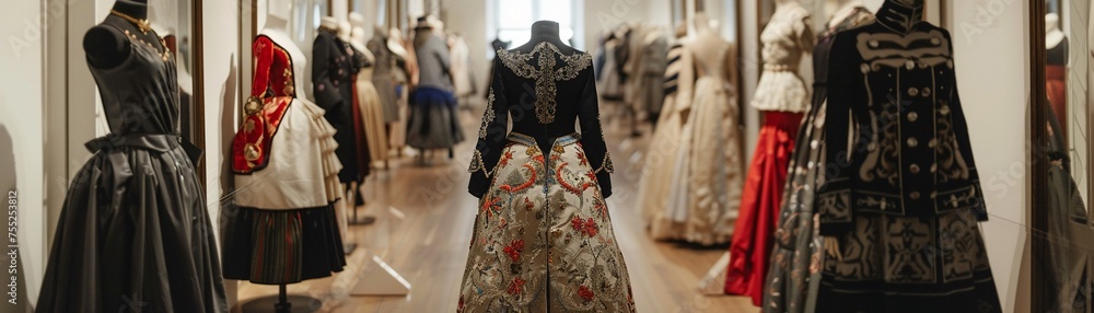 Collection of historical garments in a museum setting each piece a narrative of fashion