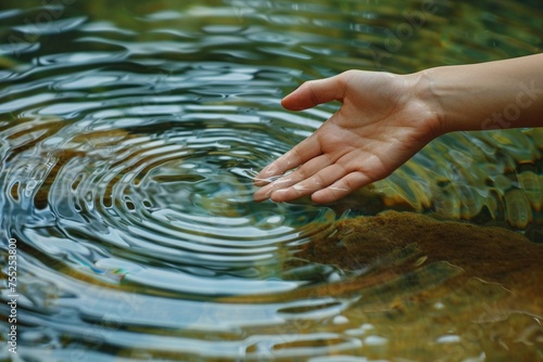 Close up of a tranquil scene a persons hand touching the waters surface