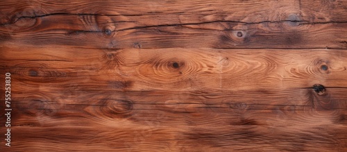 The image shows a detailed close-up of a natural wood surface with visible knots and grain patterns. The brown hue and unique textures of the wood create a visually interesting composition.