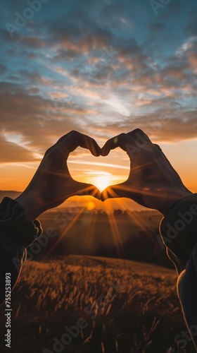 Hands forming a heart shape around the sun at dawn capturing a perfect moment of love