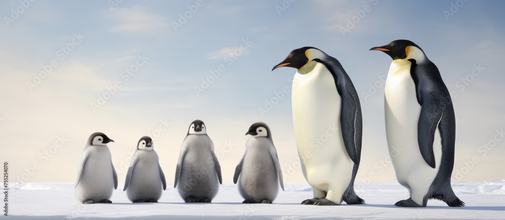 Obraz premium A family of Antarctic emperor penguins, including adults and young ones, standing closely next to each other on the icy expanse. The penguins are huddled together, showcasing their black and white