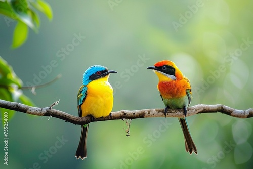 Two different colored birds perched on the same branch photo