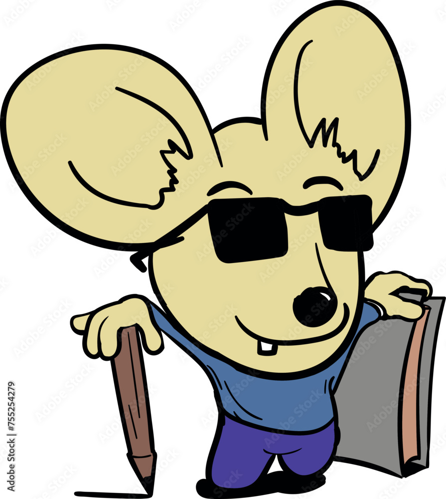 A cute long-eared mouse in sunglasses stands with his hand on a large pencil. The character's second hand supports the notebook or book in a vertical position. A cute long-eared mouse in sunglasses stands with his hand on a large pencil. The character's second hand supports the notebook or book in a vertical position.