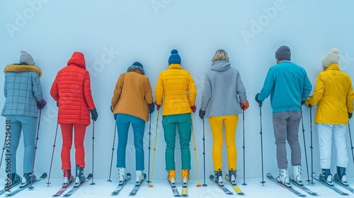 Back shot of a group of people on skis, skiers with no visible face, on the edge of a precipice, facing the unknown, a thick fog or a white wall, men and women wearing colored ski outfit ready to race
