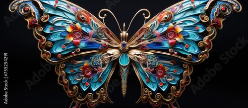 A vibrant butterfly close up on a dark background showcasing its intricate symmetry. This colorful arthropod is a vital pollinator, resembling a piece of art or jewellery with its electric blue hue