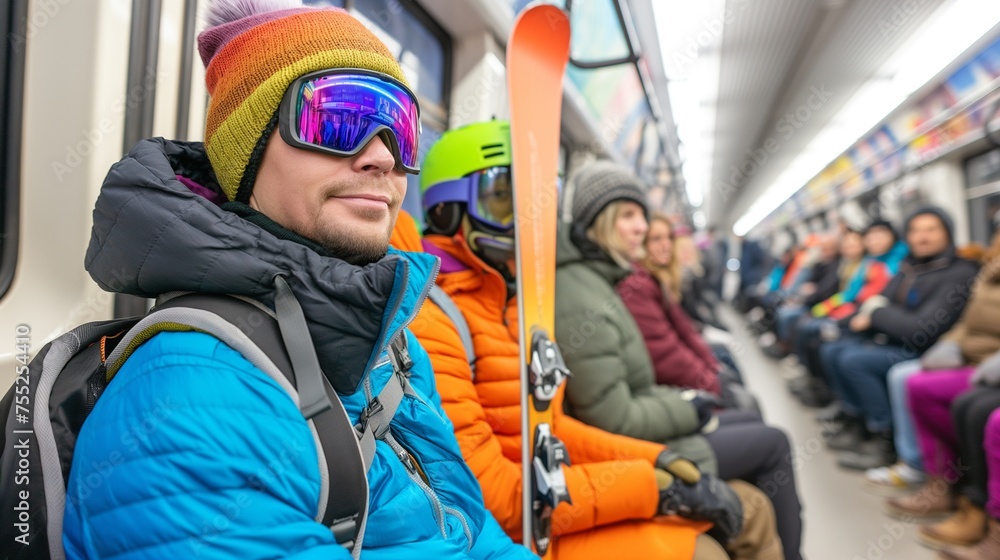 People sitting on a train or in the subway, a caucasian man in ski outfit is holding a monoski, smiling, he looks happy to go on ski vacation or break, next to him a black lady wears a green helmet People sitting on a train or in the subway, a caucasian man in ski outfit is holding a monoski, smiling, he looks happy to go on ski vacation or break, next to him a black lady wears a green helmet