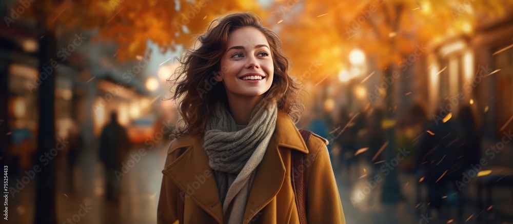 A smiling woman in a coat is walking down a city street lined with colorful autumn trees. The scene captures the beauty of urban nature during the fall season. A smiling woman in a coat is walking down a city street lined with colorful autumn trees. The scene captures the beauty of urban nature during the fall season.