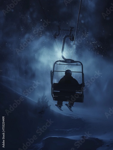 Worst vacation memory ever? A person sitting on a broken-down ski lift with skis on in the middle of the night waiting for help, as a snowstorm rises, lost fand forgotten, a long moment of solitude