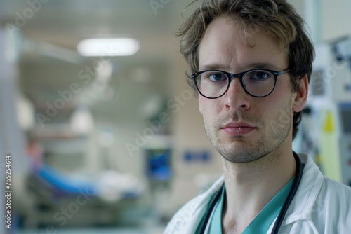 A young male doctor with unkempt hair wearing eyeglasses and a white lab coat in a hospital looking at the camera.