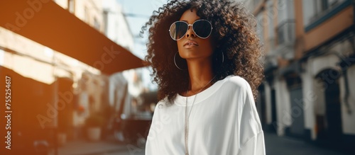 An African American woman wearing trendy sunglasses and a white shirt is captured in a vertical outdoors shot on the street. © TheWaterMeloonProjec