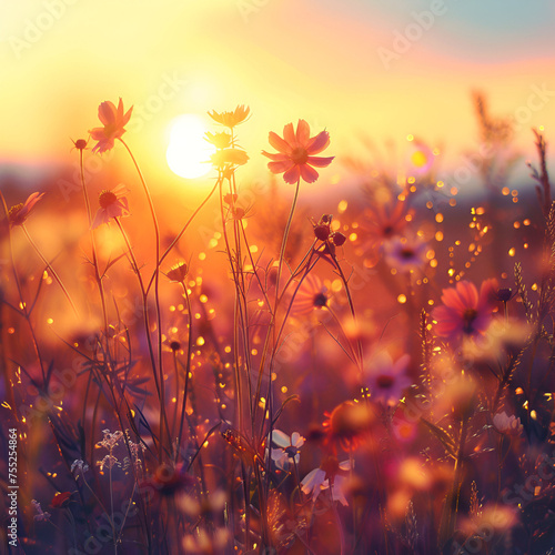 Wildflowers and herbs on the background with sun flare and  setting sun. Summer spring  autumn botanical illustration for banners, posters, brochures © Olga