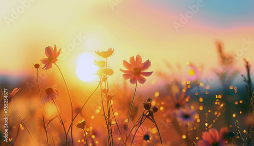 Wildflowers and herbs on the background with sun flare and  setting sun. Summer spring  autumn botanical illustration for banners, posters, brochures © Olga