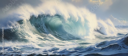 An impressive painting capturing the power of a massive ocean wave, with the sky and clouds reflected in the liquid landscape, evoking a sense of fluid motion and the force of the wind