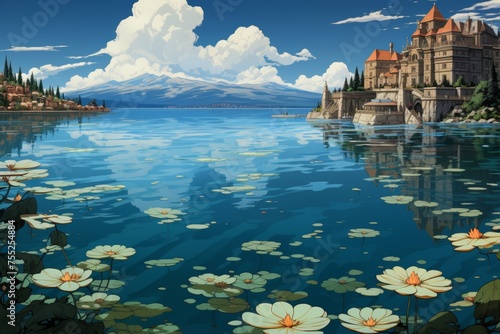 A peaceful village rests on the shores of a serene lake, with a majestic castle perched on a hilltop overlooking the tranquil waters and snow-capped mountains beyond.
