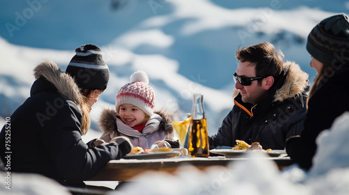 Happy family having fun in the snow in winter, people smiling, wearing warm ski clothes, eating lunch or a snack in the mountain, wearing quilted jacket and woolen bonnet, smiling happily