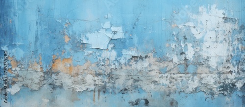 A painting of blue and white paint peeling, molding, and cracking on an old concrete wall. The colors swirl and blend, creating a weathered and textured appearance. © Lasvu