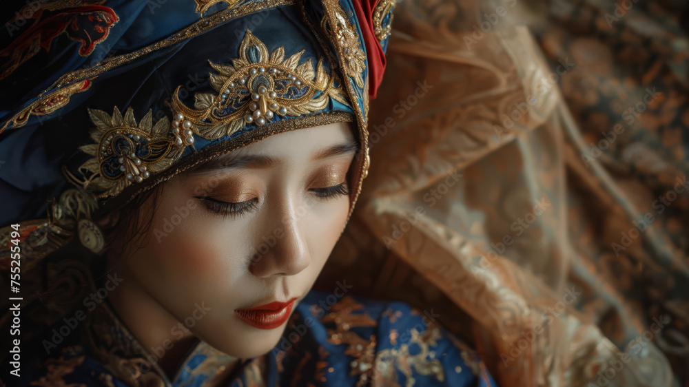 Portrait of a beautiful Asian woman wearing traditional clothing. She is looking downward in a contemplate or humble manner