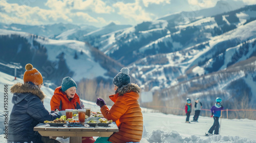 Skiers on the top of a mountain having lunch, happy family sitting at a wooden restaurant table eating and drinking, chatting and laughing, having great time and a lot of fun together in nature