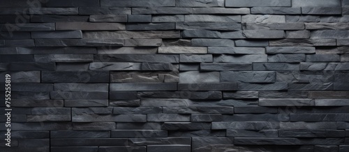 A dark grey stone tile texture brick wall is depicted in stark black and white. The intricate patterns and rough surface of the wall are highlighted in the monochromatic image.