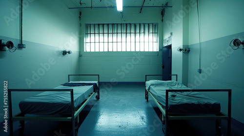 A stark prison cell with two beds a small window and blue lighting casting a cold atmosphere