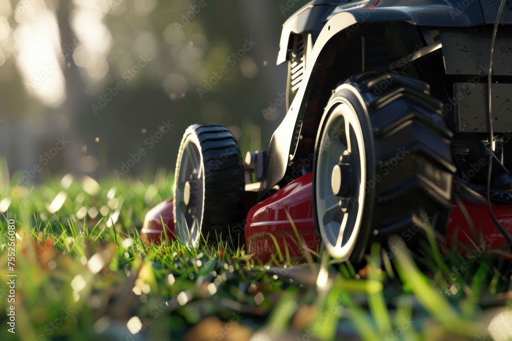 A lawn mower cutting through dewy grass in the morning light. - obrazy, fototapety, plakaty 