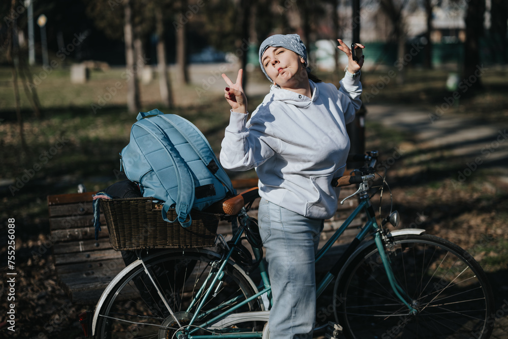 Obraz premium A cheerful young woman enjoys a sunny day in the park, playfully posing with a peace sign next to her vintage bicycle and backpack.