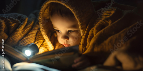 Little child reading a book, under the covers | A child gazing at a book with a look of curiosity and wonder. | Cozy baby peering from under a blanket