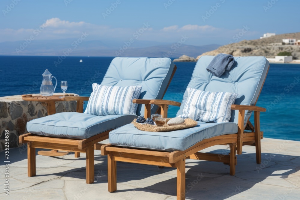 Two wooden lounge chairs with blue cushions on a stone terrace overlooking the Mediterranean Sea. Chairs angled toward each other with a small round table between them.