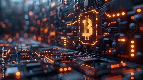 Bitcoin Symbol Illuminated on Circuit Board - Cryptocurrency Concept