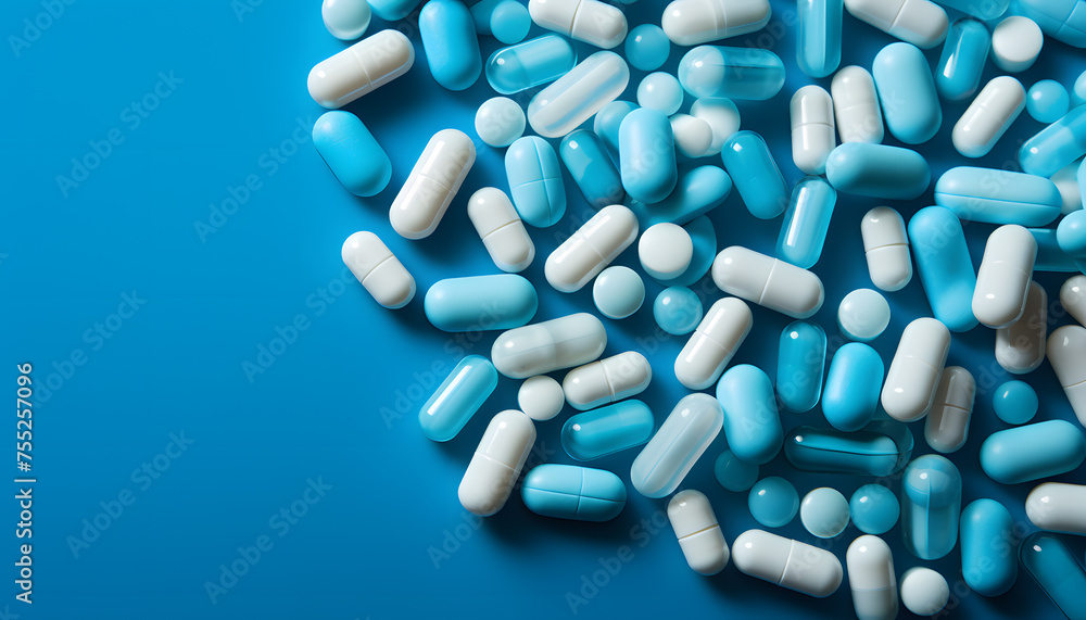 White pills on blue background