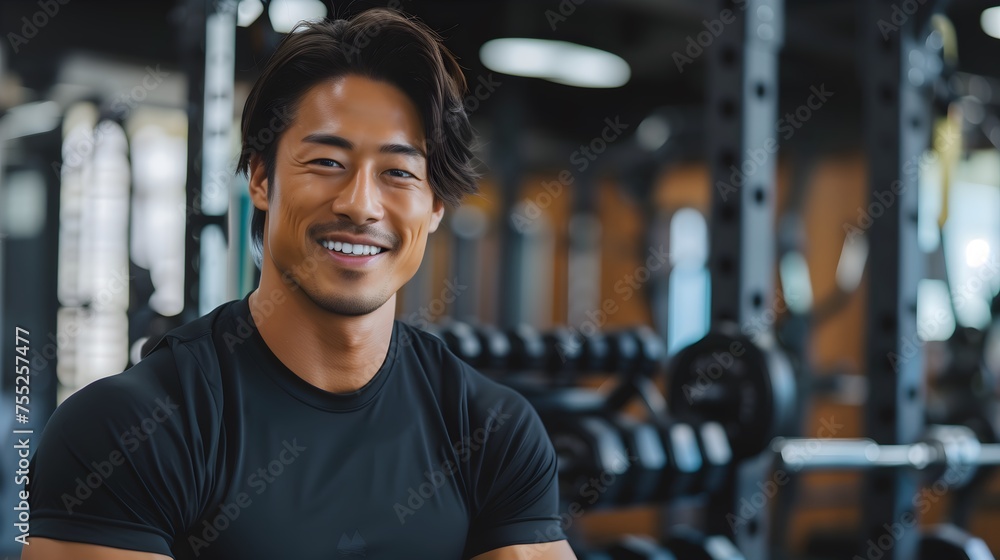 Japanese Male Personal Trainer Smiling with Gym Background
