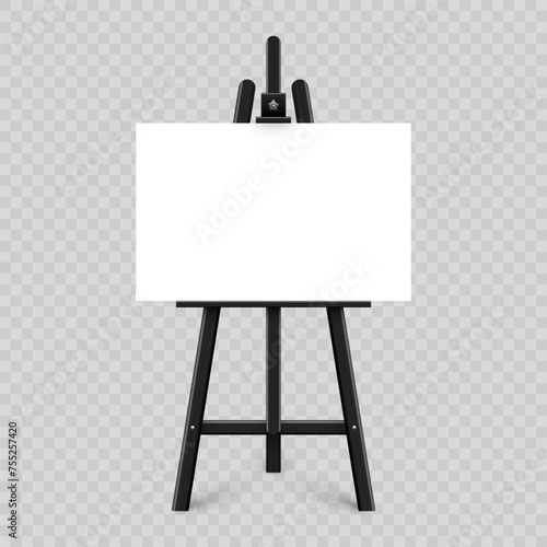 Realistic paint desk with blank white canvas. Black wooden easel and a sheet of drawing paper. Presentation board on a tripod. Artwork mockup, template. Vector illustration