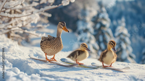 Lovely mother duck and two cute ducklings on ski vacation, female and young having fun skiing, playing in the snow, cackling quack quack in a beautiful wild scenery, white mountain landscape fun image photo