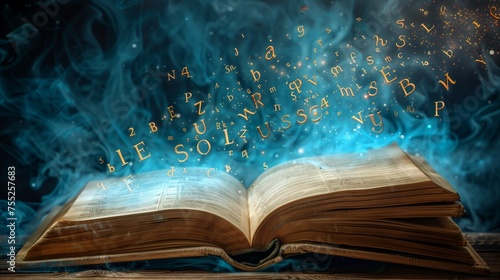 Magic book with letters floating over the pages.