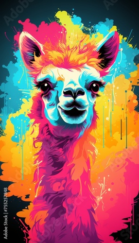 Digital painting of a llama in vibrant colors and a psychedelic pattern on a white background. Modern, stylish and perfect for creative projects. Vertical Composition. © Dipsky
