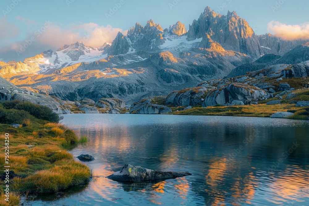 Serene Alpine Lake at Sunrise with Majestic Snow-Capped Mountain Peaks and Warm Glowing Light