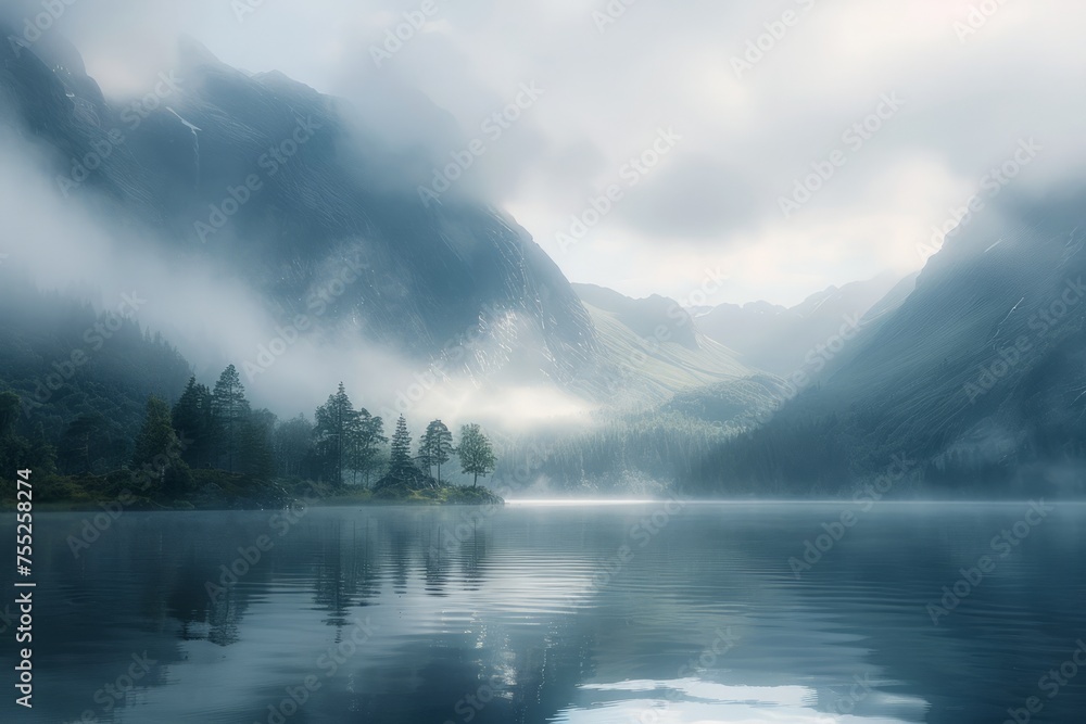 Ethereal Morning Mist Over Serene Lake with Majestic Mountains and Lush Forest Reflections in Tranquil Water