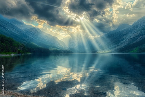 Majestic Sunbeams Break Through Clouds Over Tranquil Mountain Lake In Serene Nature Landscape photo