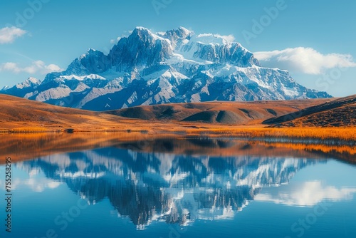 Majestic Snow-Capped Mountain Reflected in Serene Lake amidst Golden Plains Under a Clear Blue Sky
