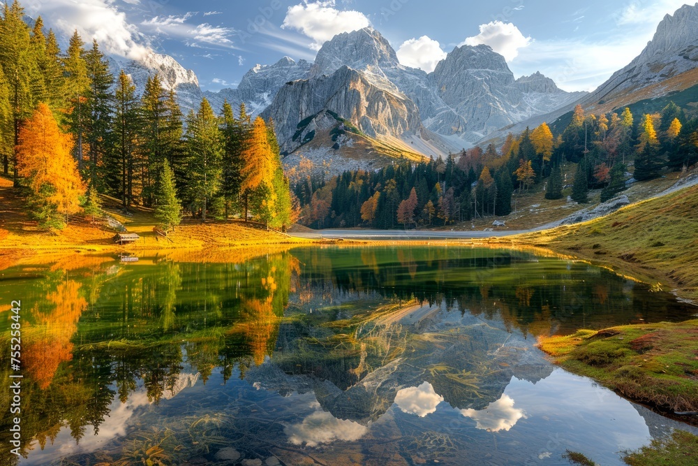 Scenic Autumn Reflection of Majestic Mountains and Colorful Trees in Tranquil Lake - Picturesque Nature Landscape