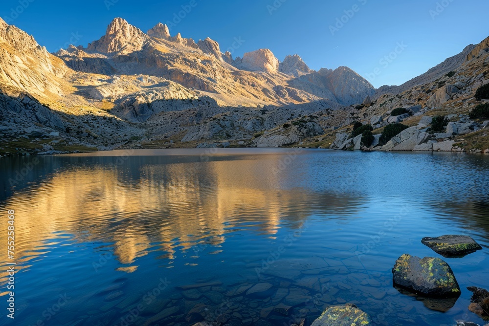 Serene Mountain Lake Landscape at Sunrise with Clear Blue Sky and Rugged Peaks Reflection