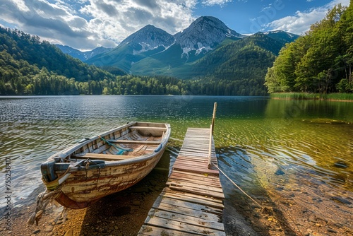 Serene Lake Scenery with Wooden Boat and Pier Against Majestic Mountain Background Under Clear Sky