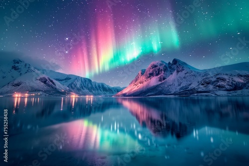 Breathtaking Aurora Borealis Display Over Snow-Capped Mountains with Glassy Lake Reflection Nighttime Scenery